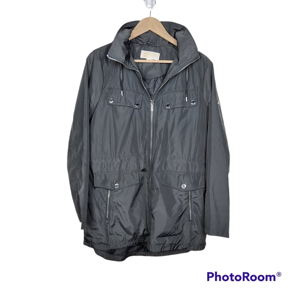 Front Cinch Waist Hooded Rain Jacket Sz 